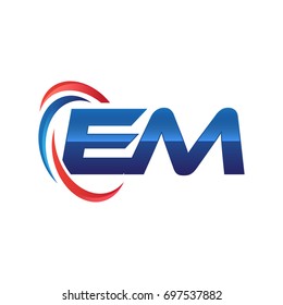 EM initial letter logo swoosh red blue