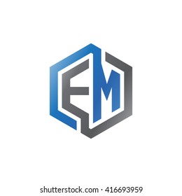 EM initial letters loop linked hexagon logo black gray blue