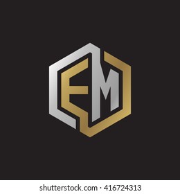 EM initial letters loop linked hexagon elegant logo golden silver black background