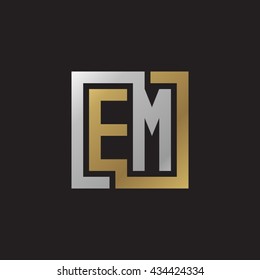 EM initial letters looping linked square elegant logo golden silver black background