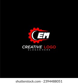 EM initial monogram for automotive logo with gear wheel image design vector