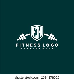 EM initial monogram for fitnes or gym logo with creative shield and barbell design