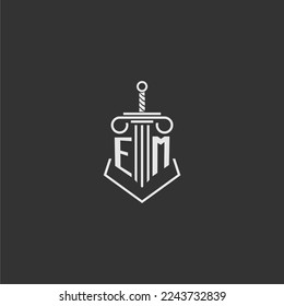 EM initial monogram law firm with sword and pillar logo design