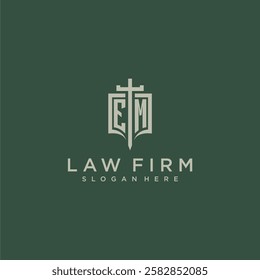 EM initial monogram for law firm with sword and shield logo image