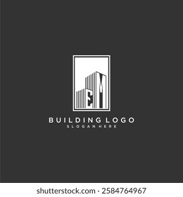 EM initial monogram real estate logo with building creative square style design