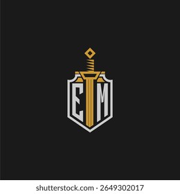 EM monograma inicial para imagem de estilo escudo e espada