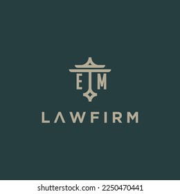 EM initials monogram logo with scale and pillar style design