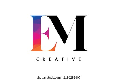 EM Letter Design mit kreativem Schnitt und bunter Regenbogentextur. ME Letter Icon Vector Logo mit Serif Font und Minimalist Style.