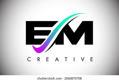 EM Letter Logo with Creative Swoosh Curved Line. EM Icon Vector with Bold Font and Vibrant Colors Illustration.