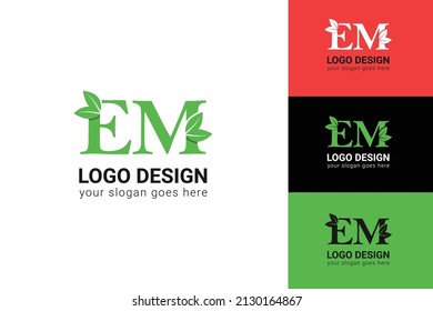Letras EM eco logo con hoja. Tipo de vectores para afiches naturales, emblema ecológico, identidad vegana, tarjetas botánicas y de hierbas, etc. Ecología de las letras EM logotipo con hoja verde.