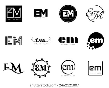 EM logo company template. Letter e and m logotype. Set different classic serif lettering and modern bold text with design elements. Initial font typography. Collection trendy business identity.