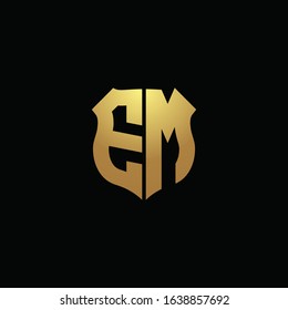 EM logo monogram with gold colors and shield shape design template