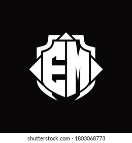 EM logo monogram with shield line and 3 arrows shape design template on black background