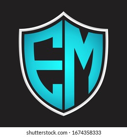 EM Logo monogram with shield shape isolated blue colors on outline design template