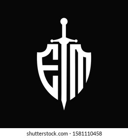 EM logo with shield shape and sword