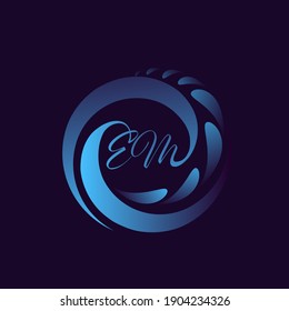 EM monogram logo and spiral.Abstract calligraphic signature icon.Letter e and letter m.Lettering sign isolated on dark background.Alphabet initials.Shiny blue characters and circular decoration.