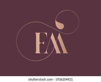 EM monogram logo.Abstract typographic signature icon.Serif letter e and letter m.Lettering sign isolated on dark fund.Alphabet initials.Uppercase characters shape.Beauty, elegant, decorative style.