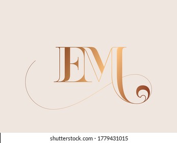 EM monogram logo.Serif lettering typographic icon with decorative elements.Luxury sign with uppercase letter e and letter m.Golden character shapes for wedding, fashion, beauty business.