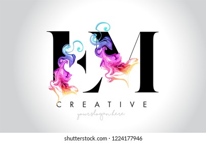 EM Vibrant Creative Leter Logo Design With Colorful Smoke Ink Flowing Vector Illustration.