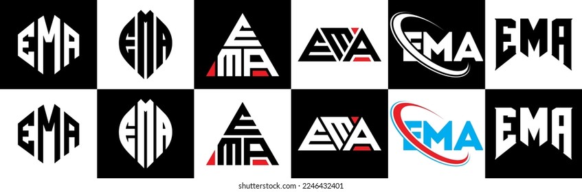 EMA letter logo design in six style. EMA polygon, circle, triangle, hexagon, flat and simple style with black and white color variation letter logo set in one artboard. EMA minimalist and classic logo