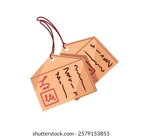 Ema, wooden tablets in Shinto shrine. Votive talisman, asian amulet for good luck and fortune success. Japanese wood cards with wishes, prays. Flat isolated vector illustration on white background