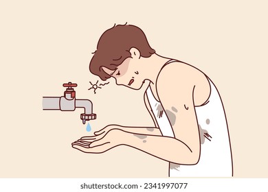 Emaciated guy near faucet with dripping water is trying to survive during drought and wash or saved from thirst. Problem of drought and lack of access to fresh water causing ecological disaster