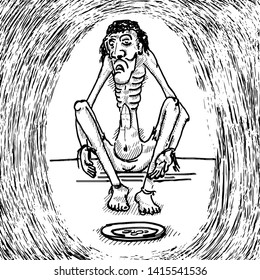 An emaciated homeless beggar. Hand drawn vector illustration. 