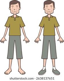 Emaciated Middle-Aged Man Standing Barefoot Illustration