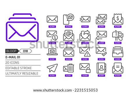 E-mail 01 related, pixel perfect, editable stroke, up scalable, line, vector bloop icon set. 
