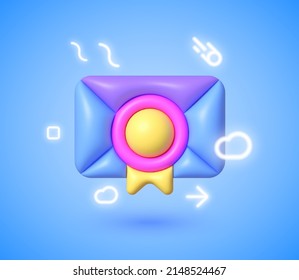 Email 3d Neon in 3d style on blue background. 3d render illustration. Isolated vector illustration. Business icon. Message notification icon. Render new email notification