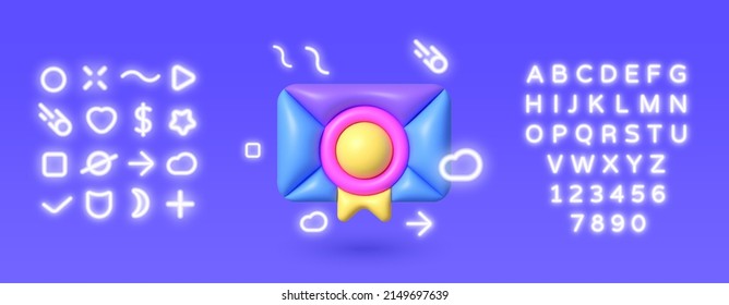 Email 3d Neon in 3d style on blue background. 3d render illustration. Isolated vector illustration. Business icon. Message notification icon. Render new email notification