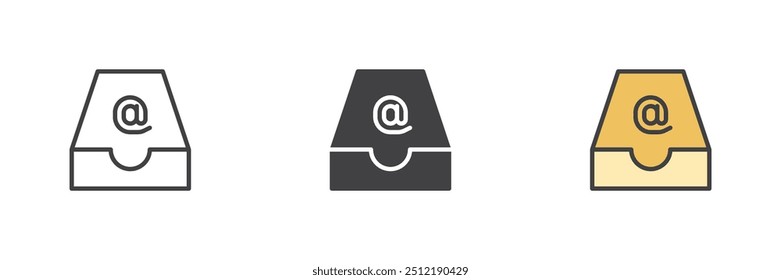E-Mail-Adresse anderer Stil Symbol-Set. Linie, Glyphe und gefüllte Kontur bunte Version, Kontur und gefüllte Vektorzeichen. Postfachsymbol, Logo-Abbildung. Vektorgrafiken
