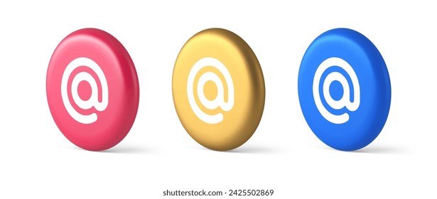 Email address digital symbol button internet chatting cyberspace communication 3d realistic blue gold and pink icons. Mail electronic contact for letter message mailbox information