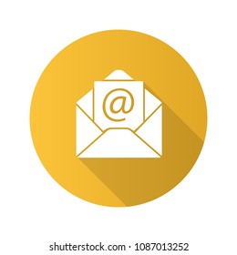 E-mail address flat design long shadow glyph icon. Envelope with arroba sign. Vector silhouette illustration