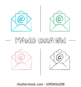 E-mail address hand drawn icons set. Envelope with arroba sign. Color brush stroke. Isolated vector sketchy illustrations
