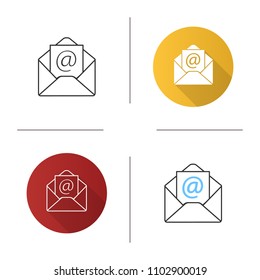 E-mail address icon. Envelope with arroba sign. Flat design, linear and color styles. Isolated vector illustrations