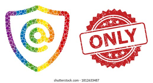 Email address protection collage icon of filled circle items in different sizes and LGBT colored color tinges, and Only scratched rosette stamp seal.