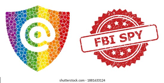 Email address shield collage icon of spheric spots in various sizes and LGBT colored shades, and FBI Spy textured rosette stamp. A dotted LGBT-colored Email address shield for lesbians, gays,