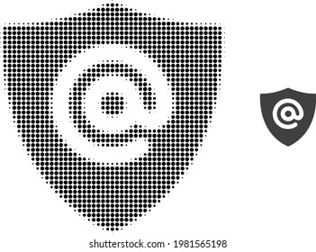 Ilustración de icono de semitono de pantalla de dirección de correo electrónico. El patrón de semitono contiene elementos redondos. Ilustración vectorial del icono del escudo de direcciones de correo electrónico en un fondo blanco.