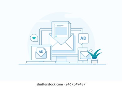 Email advertising campaign, Running email campaign for customer retention, Inbound marketing strategy, Digital ad campaign - vector illustration with icons