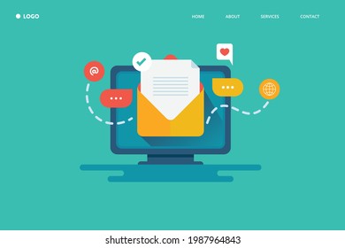 Email advertising, email marketing, newsletter marketing, sending email, digital marketing, customer communication - conceptual landing page vector template