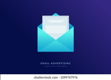 Email advertising. Open envelope on blue background. Information dissemination. Notification concept. Vector illustration.