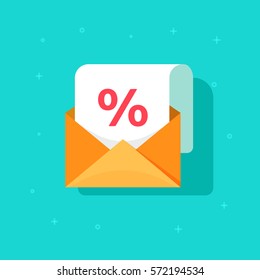 Email advertising promotion vector icon, flat style envelope with percentage discount message, concept of e-mail subscription sale, newsletter, marketing technology