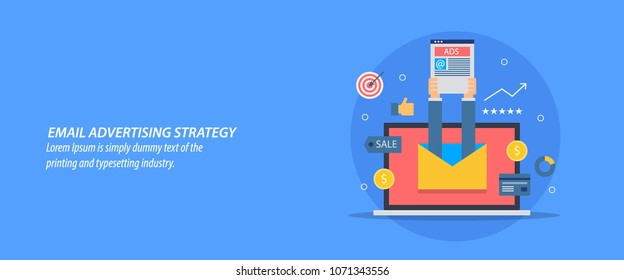 Email advertising strategy, Newsletter marketing, hand holding email content, sending email flat vector illustration
