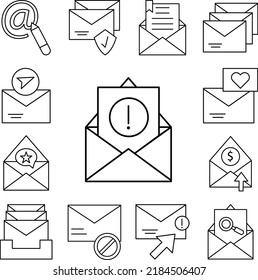 Correo electrónico, alerta, icono de sobre en una colección con otros elementos