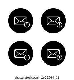 Email alert icon set. Envelope message warning symbol with exclamation mark. Error mail notification sign in black circle