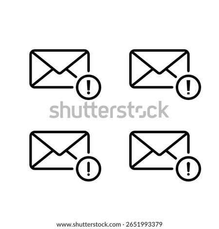 Email alert icon set. Envelope message warning symbol with exclamation mark. Error mail notification sign