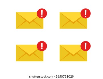 Email alert icon set with red exclamation mark. Yellow envelope with warning notification badge
