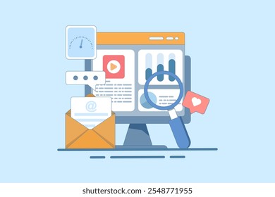 Email Analysis Concept, Software para campanhas de marketing por e-mail, Análise de campanha por e-mail, Newsletter marketing. ilustração vetorial no plano de fundo.