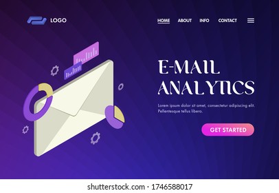 E-mail Analytics and advertising drip marketing service UI UX vector web template for website header, banner, slider, landing page. Analysis with charts and graph, news, promo by email to subscribers.